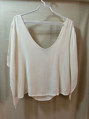 Sage Boho Cream Gauze Top Tie Front Draped Layer Flutter Sleeve Blouse M L